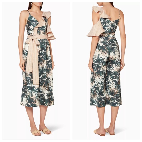 PatBO Palm Jumpsuit (Sz 2) Asymmetric Ruffle Wide Leg Crop Green & White - Picture 3 of 16